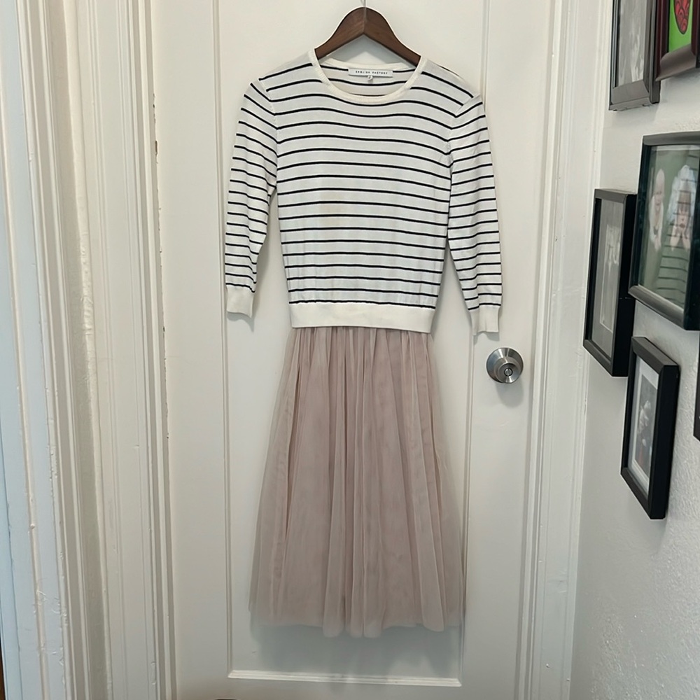 English Factory White/Black Stripe Midi Sweater Dress With Cream Tulle Skirt - S